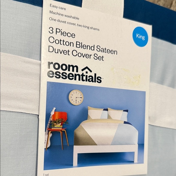 3 pc Room Essentials cotton blend Two-Tone Blue Duvet king Cover Set - Picture 2 of 9